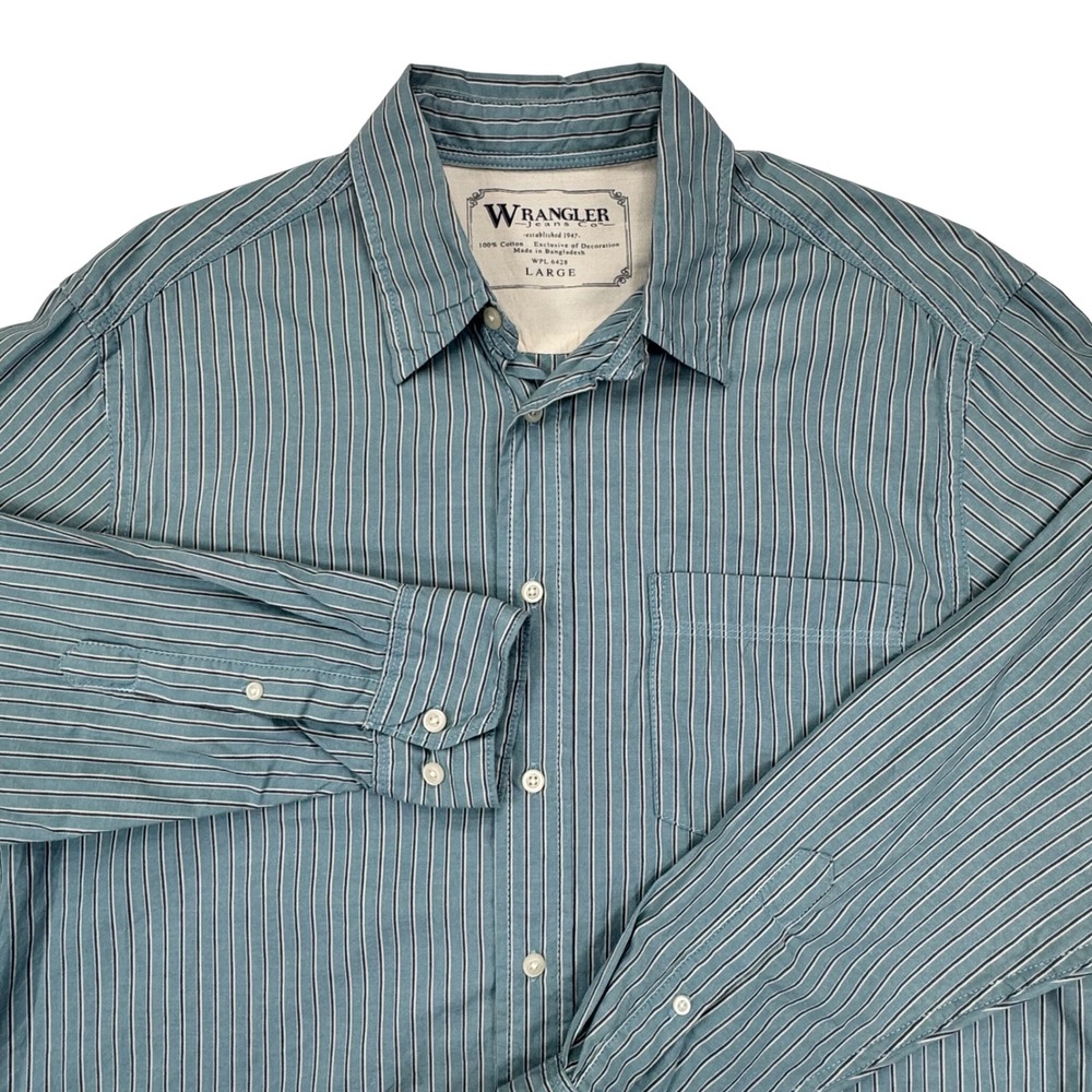 Wrangler Jeans Co Mens Large Blue Striped Long Sleeve Button Down Ranch Shirt